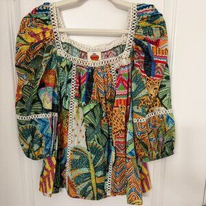 Rio Colorful Abstract Leaf & Animal Print Top | Puff/Statement Sleeves | Size M